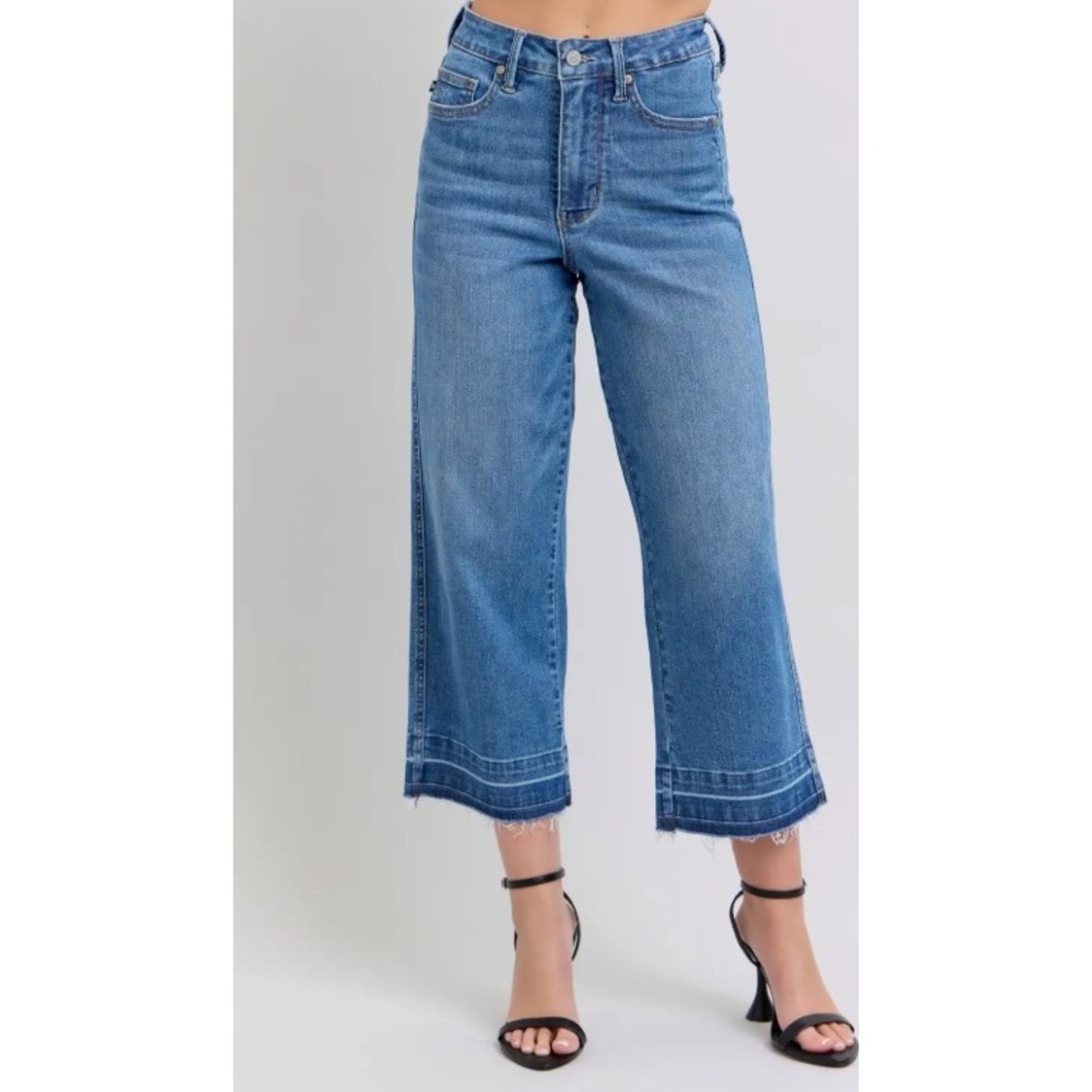 JUDY BLUE High Waisted Release Hem Crop Wide Leg Jeans 5/27 NEW Tummy Control